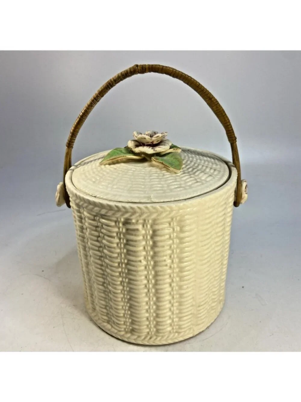 Vintage Biscuit Jar Basket Weave Wicker Handle Made In Japan 40s Flower Top Side